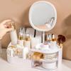 Makeup Storage Box Organizer with LED Mirror Large Capacity Multiple Compartments Makeup Brush Storage Box Countertop Organizer