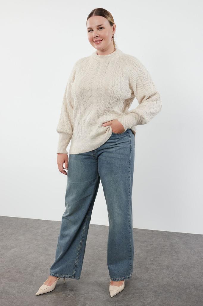 Women's Fashionable Stylish Plus Size Sweater Stone Hair Braided Soft Textured Knitwear Sweater