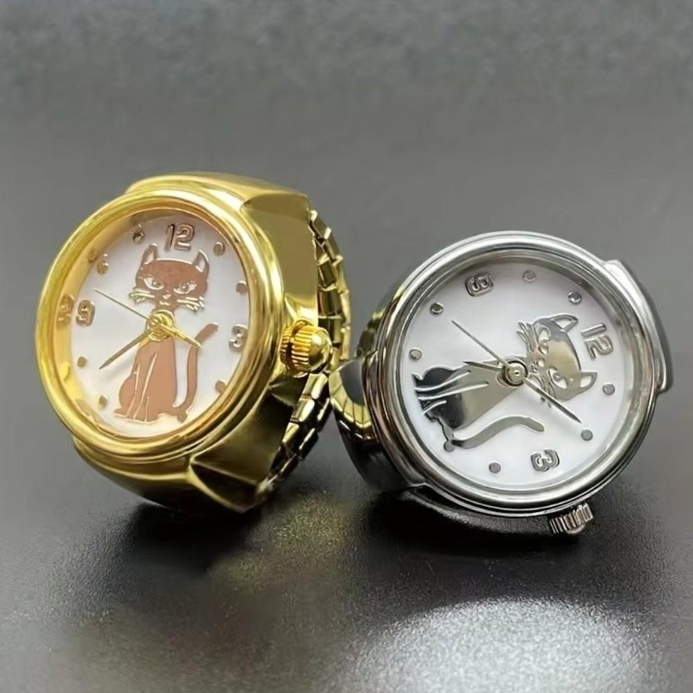 Gold Finger Ring Watch Round Cat Dial Clock Punk Quartz Watch  Women