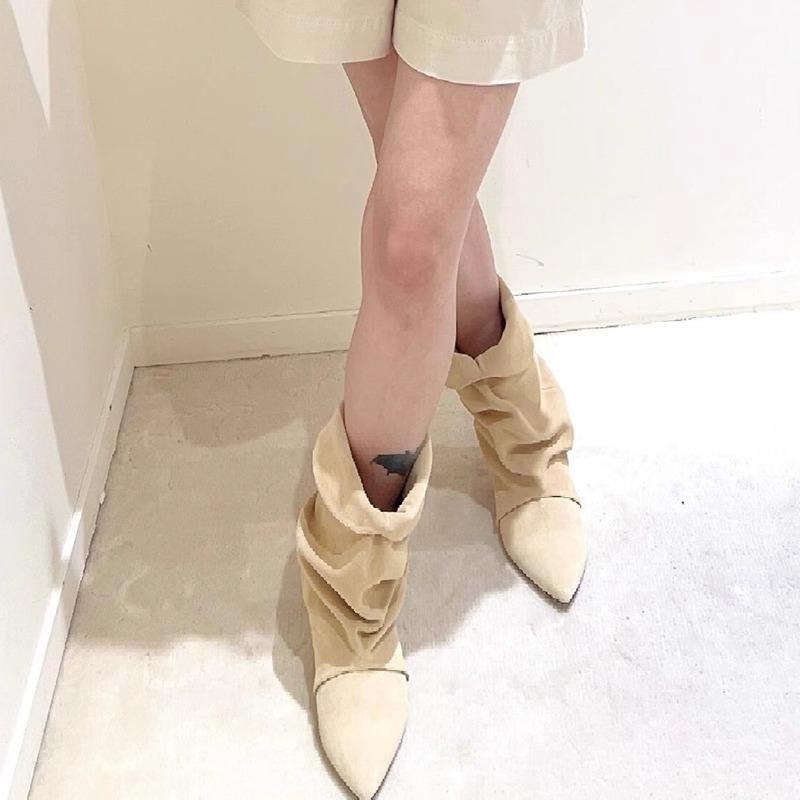 Sheepskin Version~ Pointed Cat Heel Fold Pile Boots Women's Autumn and Winter New Fashion Casual Western Boots Versatile Short Boots