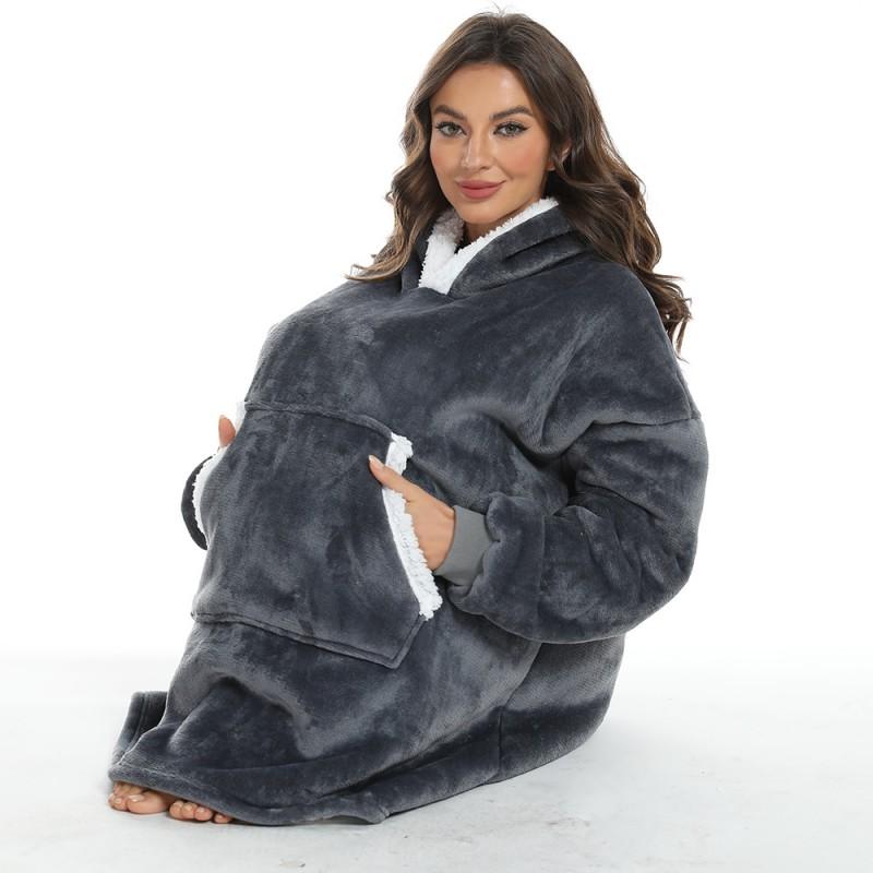 Winter Long Sleeve Hooded Flannel Sweatshirt Loungewear Blanket Solid Color Loose Fit Adult Women