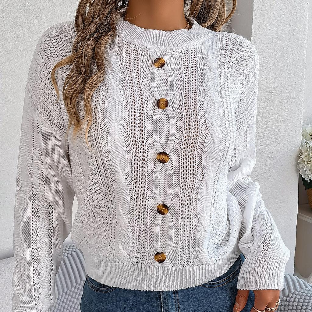 GMXIA Women's Fashion Casual Solid Color Autumn Winter Long Sleeve Round Neck Loose Button Pullover Sweater