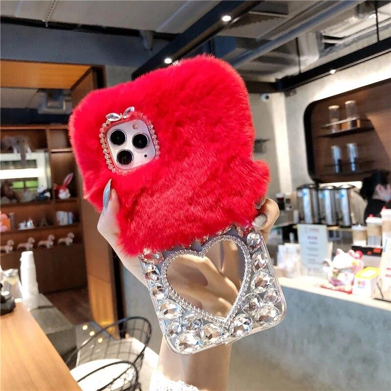 Чехол из пушистого меха кролика для Samsung S24 Ultra S23 Fe S22 Plus A15 A25 A35 A55 A14 A24 A34 A54 A13 A53, роскошный роскошный теплый пушистый плюшевый чехол со стразами