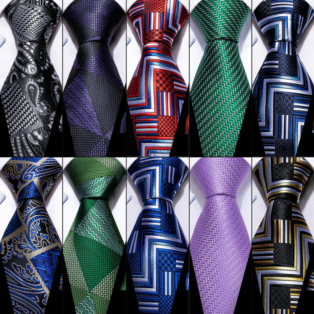 Barry.Wang Mens Novelty Plaid Striped Neckties Handkerchief Cufflinks Set Formal Casual Business