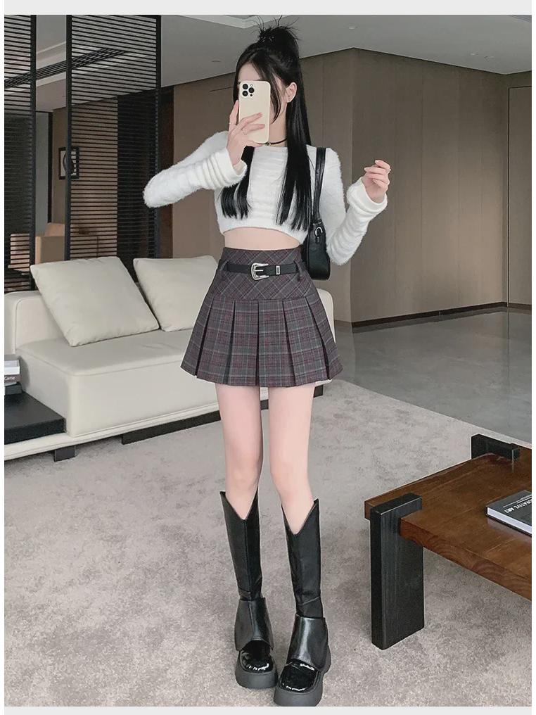 Korean Plaid Woolen Pleated Skirt: Autumn/Winter High-Waist College Style