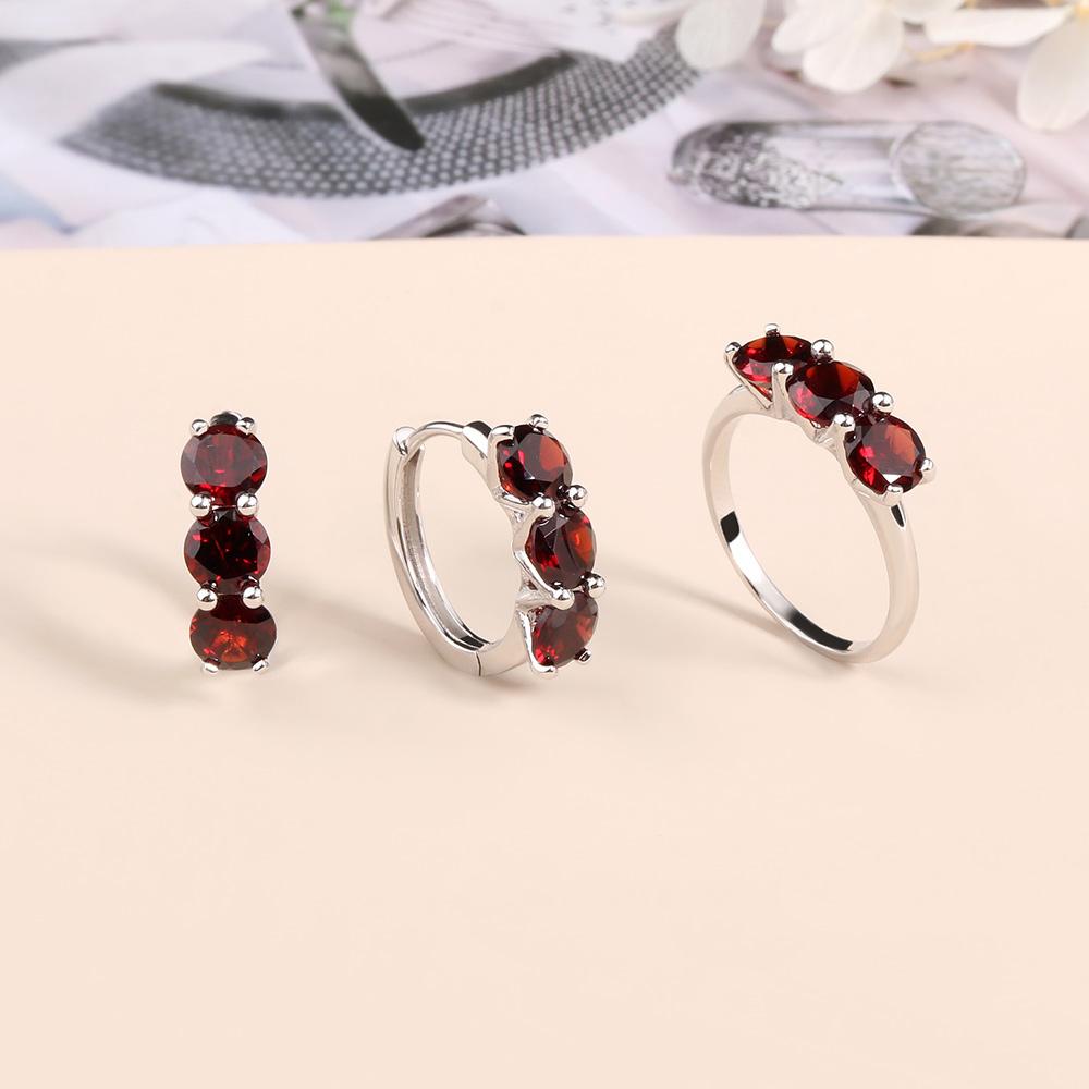 Bolaijewelry Simple Design Natural Garnet Ring Earrings Jewelry Set 925 Sterling Silver Fashion Women's Fine Jewelry