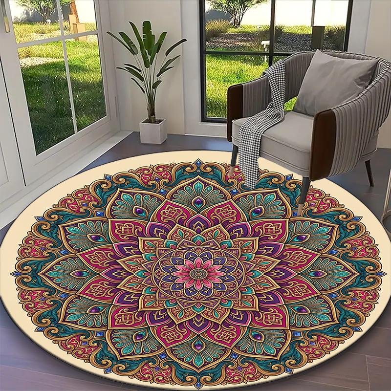 1pc Lush Floral Mandala Printed Chair Rug for Home Office Use, Living Room Kitchen Game Room Round Carpet