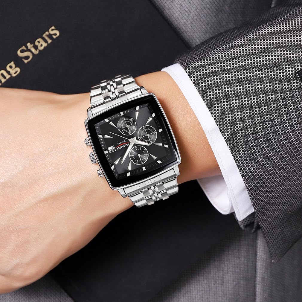 SKMEI квадратные стильные черные наручные часы из нержавеющей стали, водонепроницаемые аналоговые деловые повседневные часы с хронографом, большие наручные часы, роскошный подарок, серебристо-черные часы для