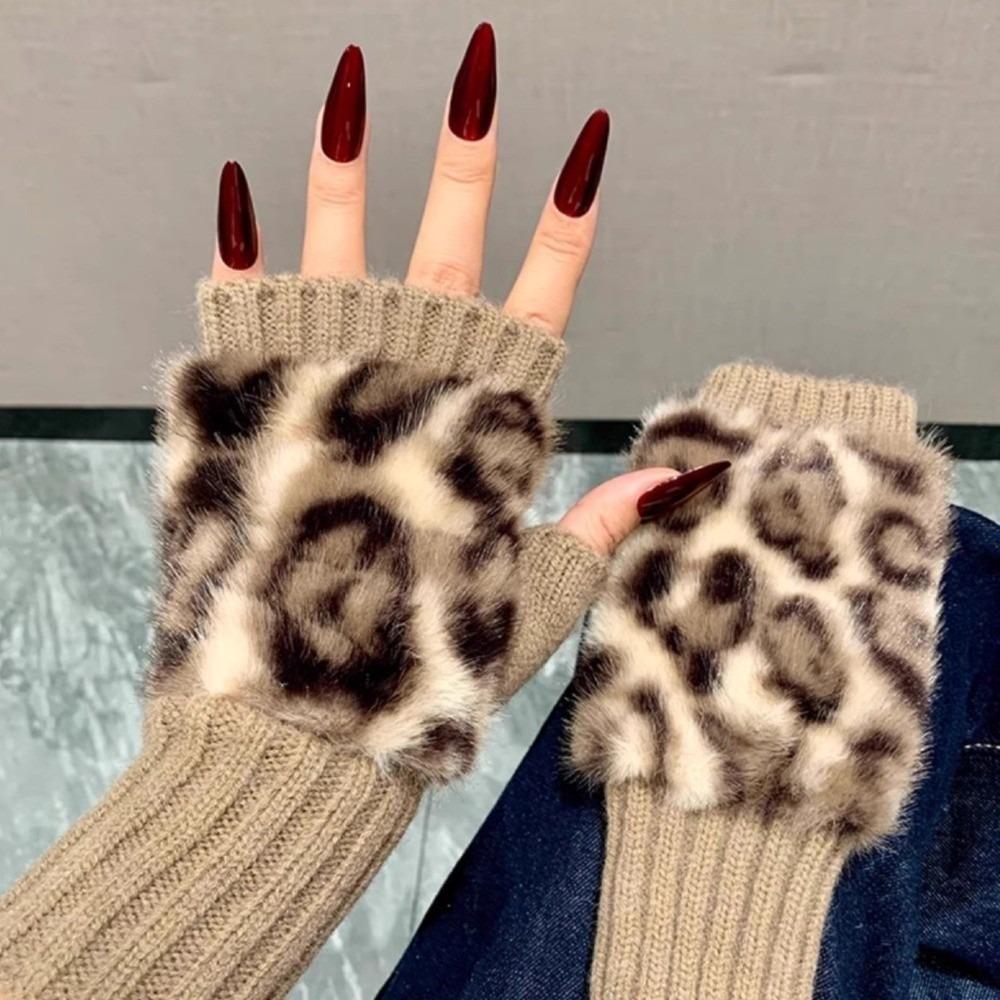 Short Style Fingerless Gloves Soft Plush Leopard Print Gloves Vintage Half-Finger Gloves Autumn