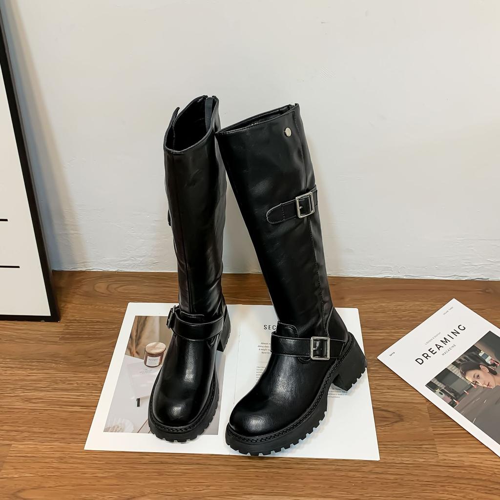 Internet Celebrity Long Knight Boots Belt Buckle Korean Version of Women's Boots Small Thick Sole Heightening Women's Boots Wear High-end Boots