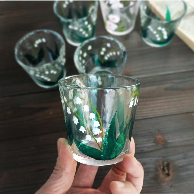 Japanese Style Hammered Hand Painted Lily of The Valley Crystal Glass Cup for Whiskey Tea Water