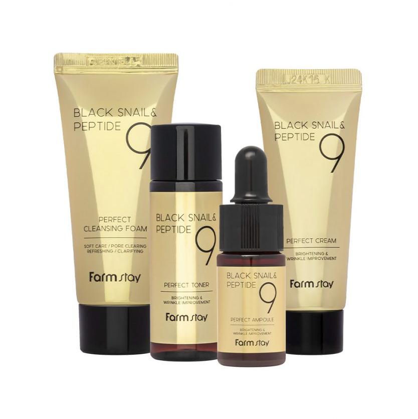 FARM STAY Black Snail & Peptide9 Perfect 4 Step Mini Kit Edition (Тонер+ампула+крем+очищающее средство)