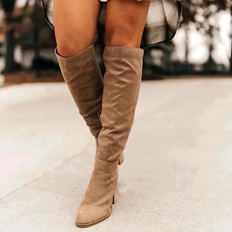 Fashion 2024 Women Knee-High Boots Sexy High Heels Solid Color Women Shoes Zip Winter Warm Flock Fashion Pointed Toe Rome Females Boots