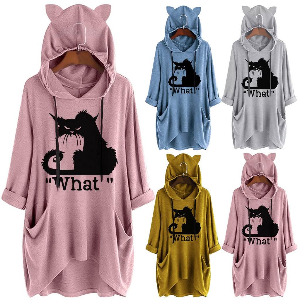 Женская повседневная блузка с кошачьими ушками и капюшоном с длинными рукавами и карманами