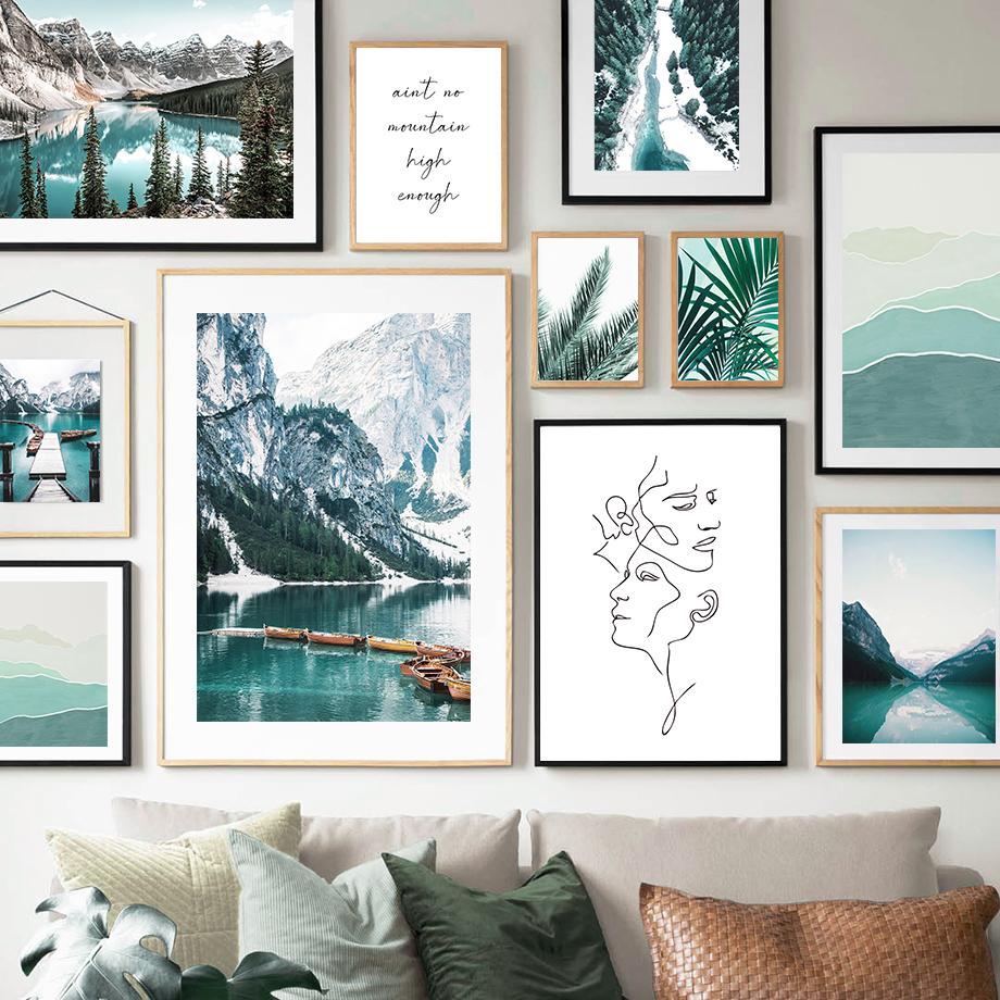 Снежная гора, лес, зеленое озеро, лодка, настенная живопись на холсте, плакаты на скандинавскую тему и принты, настенные панно для украшения гостиной