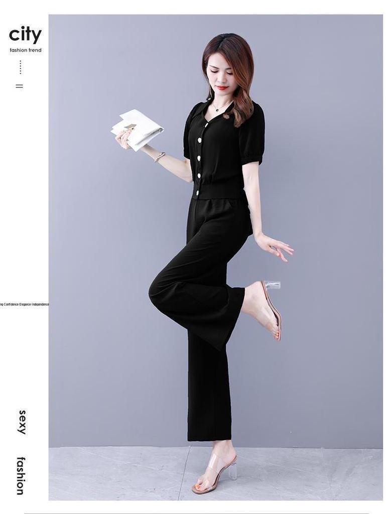 Модный женский летний шифоновый костюм-двойка 2025 - стильный омолаживающий комплект из рубашки и брюк для весны