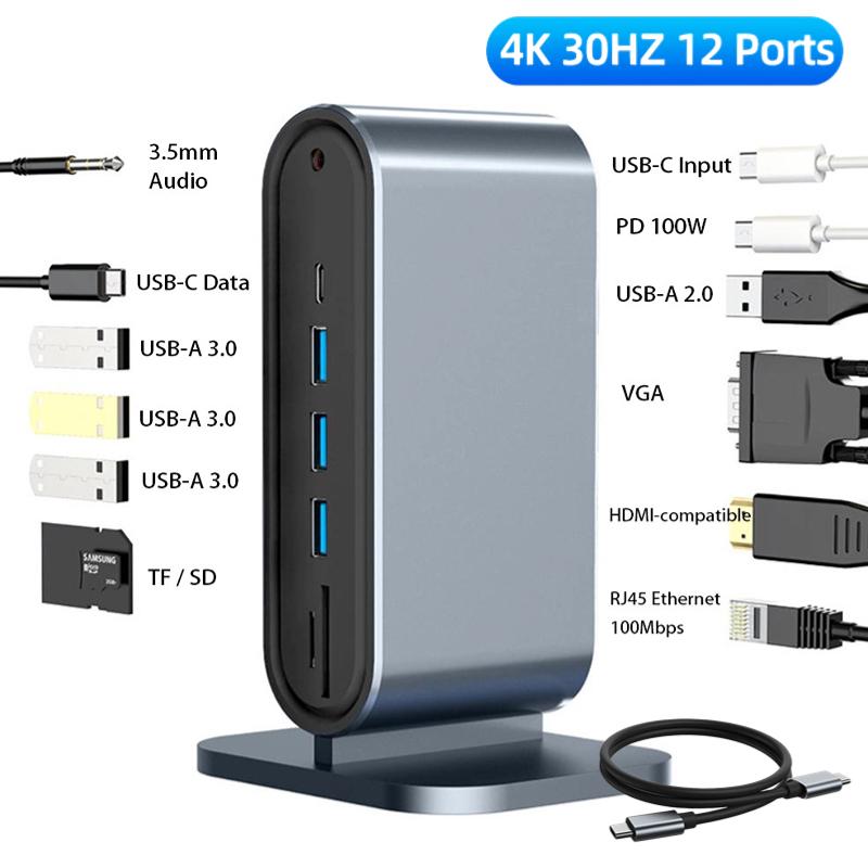 Док-станция 12 в 1 USB Type C HUB 4K HDMI-совместимый VGA RJ45 Lan Ethernet Устройство чтения карт SD/TF 100 Вт PD зарядка Разветвитель USB 3.0 для ноутбука