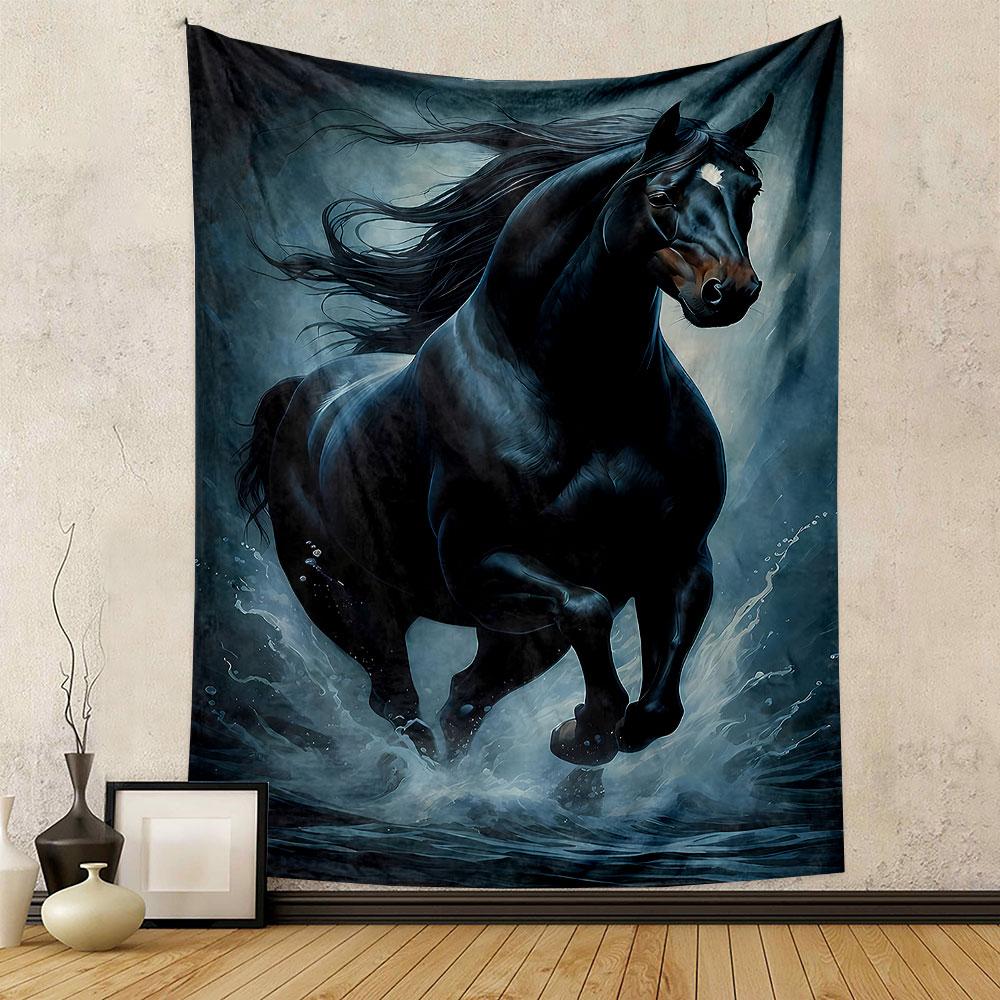 "Galloping Black Horse in Water" Patterned tapestry home decor, suitable for bedroom and living room, gift