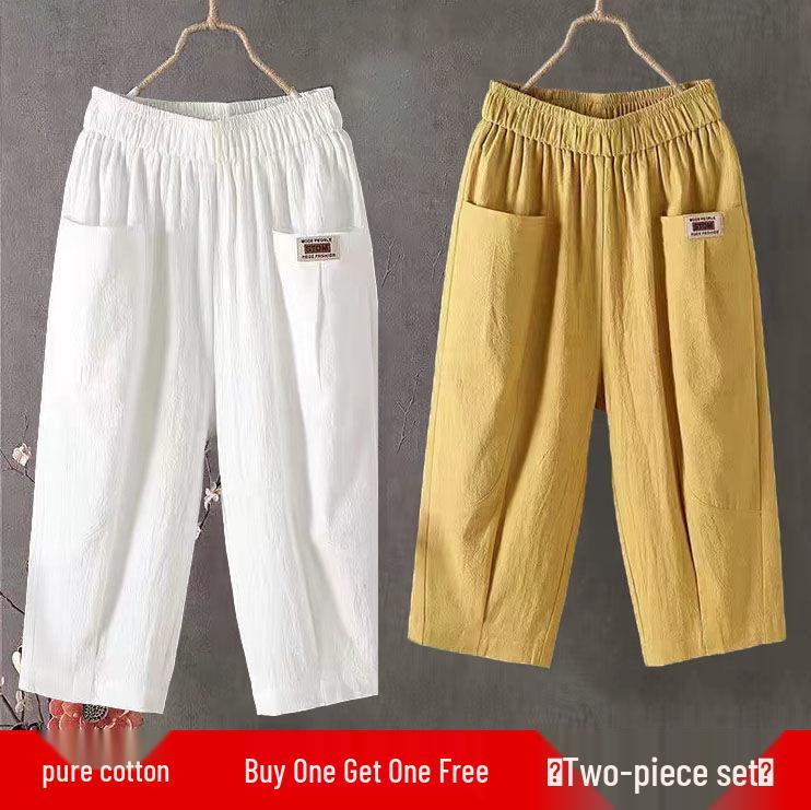 Женские летние укороченные брюки из хлопка и льна - Свободные, Эластичная талия, Большой размер, Узкие гаремы, Универсальные повседневные брюки
