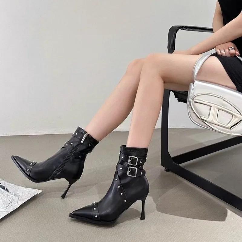 Женская обувь, хит продаж, женские ботинки с пряжкой на ремне, модные, с боковой молнией, для офиса и профессиональных занятий, сексуальные, с острым носком, ботильоны