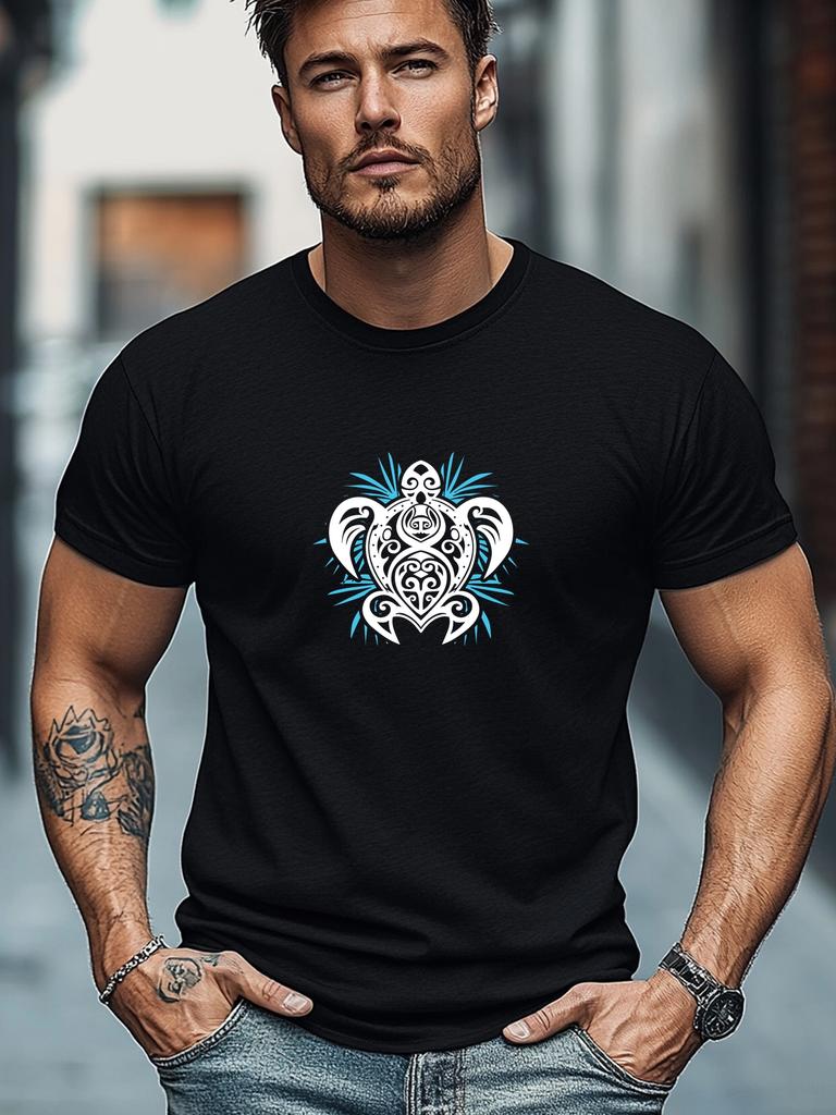 Plus-size Men's T-shirt, Comfortable and Versatile, Relaxed and Casual, Men's White Sea Turtle Pattern Summer Casual Crew Neck Short Sleeve T-shirt, P