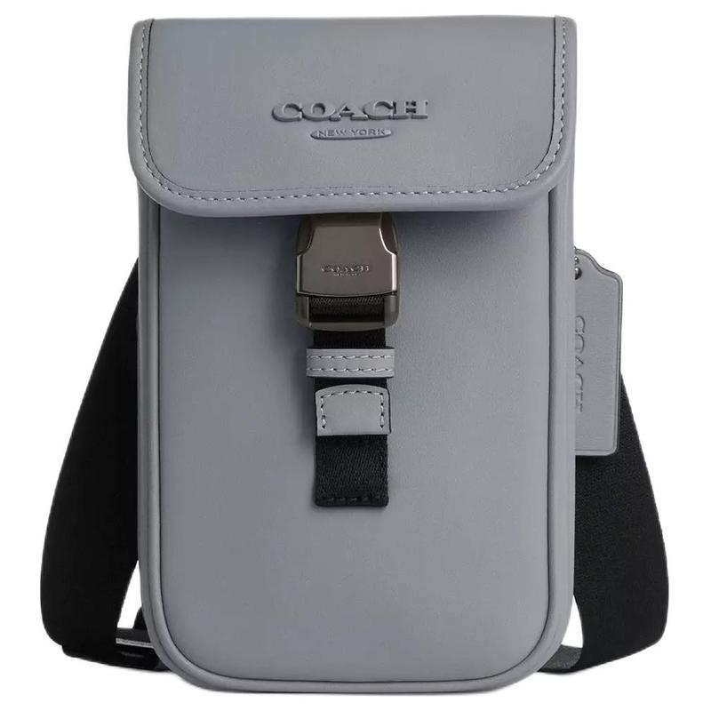 Coach Racer Phone 11 Логотип Регулируемый ремешок Гладкая телячья кожа Наплечная Сумка-кроссбоди Мини Мужская Серо-синяя