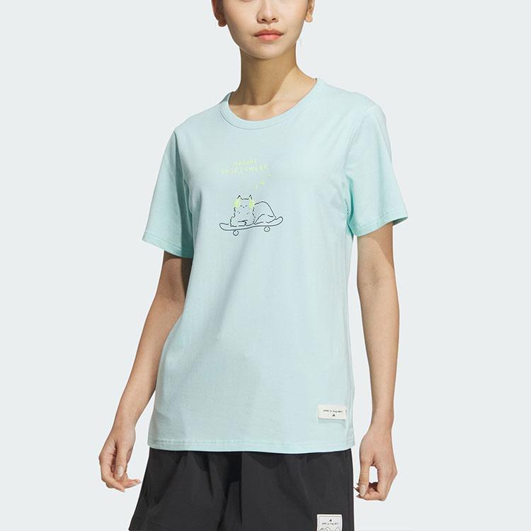 Adidas Футболка прямого кроя с круглым вырезом и графическим аниме-принтом, женские топы, светло-голубой JN6661