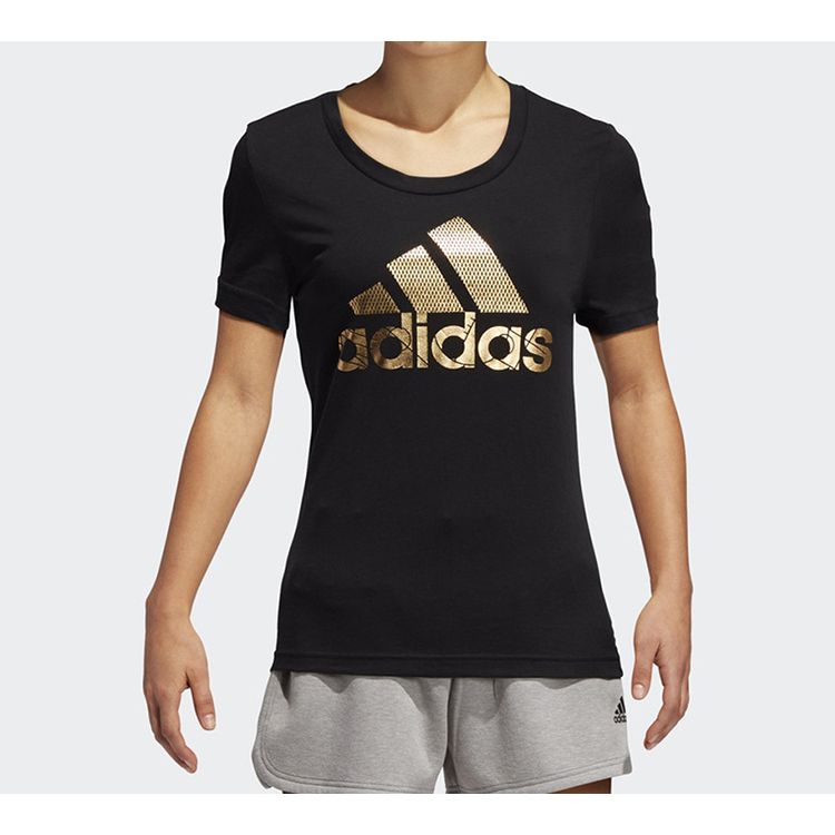 Adidas Женская футболка с коротким рукавом с глянцевым буквенным логотипом, черные топы DV3025