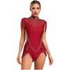 Womens Sparkly Rhinestones Dance Leotard Mock Neck Sleeveless Sheer Mesh Patchwork Tassel Skirted Bodysuit