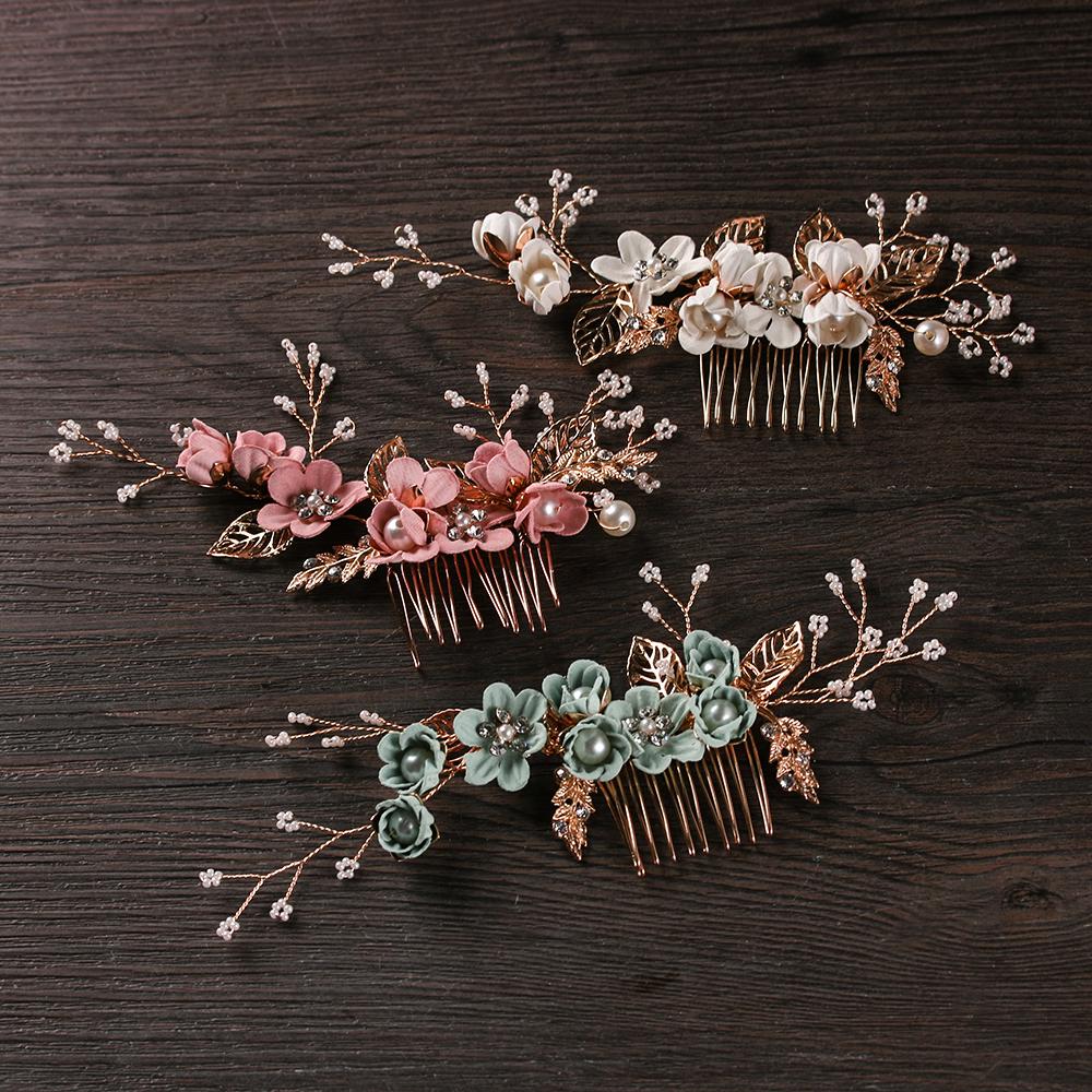 Fashion Elegant Blue Flower Women Hair Combs Headdress Prom Bridal Wedding Hair Accessories Gold Leaves Hair Jewelry Hair Pins
