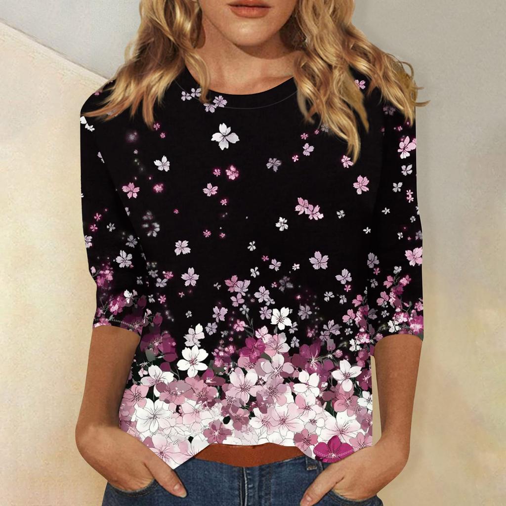 Women's Fashion Casual Three-quarter Sleeve Vintage Floral Print Round Neck Top