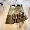 European Station Spring Clothing New Splicing Plaid Lace Skirt High Waist Elastic Denim Skirt Short Skirt