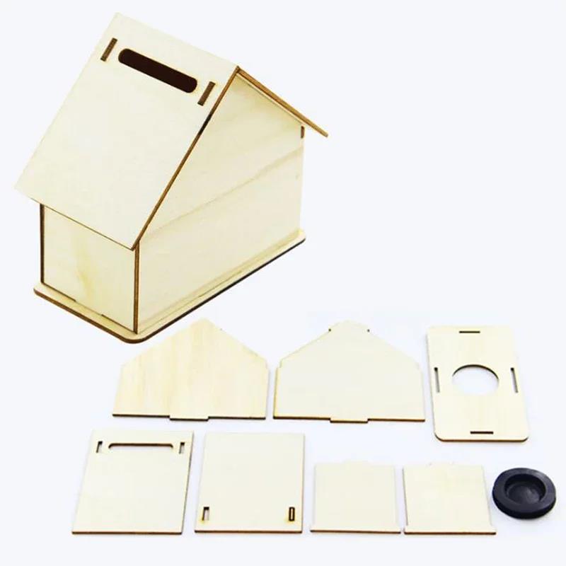 Wooden House Storage Box DIY Painting Blank Wood Holder Money Candy Container Desktop Home Box  Wood Color