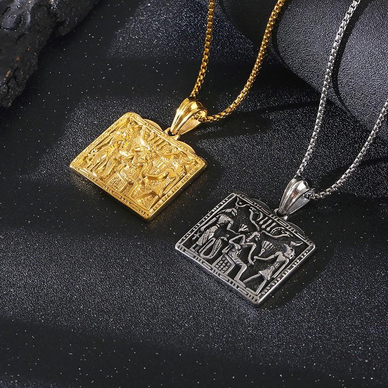 Egyptian Pattern Stainless Steel Pendant Necklace for Men Silver & Gold Color Square Charms Party Jewelry Gift Gothic Accessory