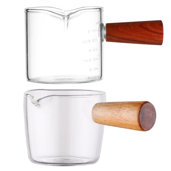 Glass Measuring Cup with Wood Handle Espresso Milk Coffee Mug 100ml Double Scale Clear Coffee Brewing Supplies