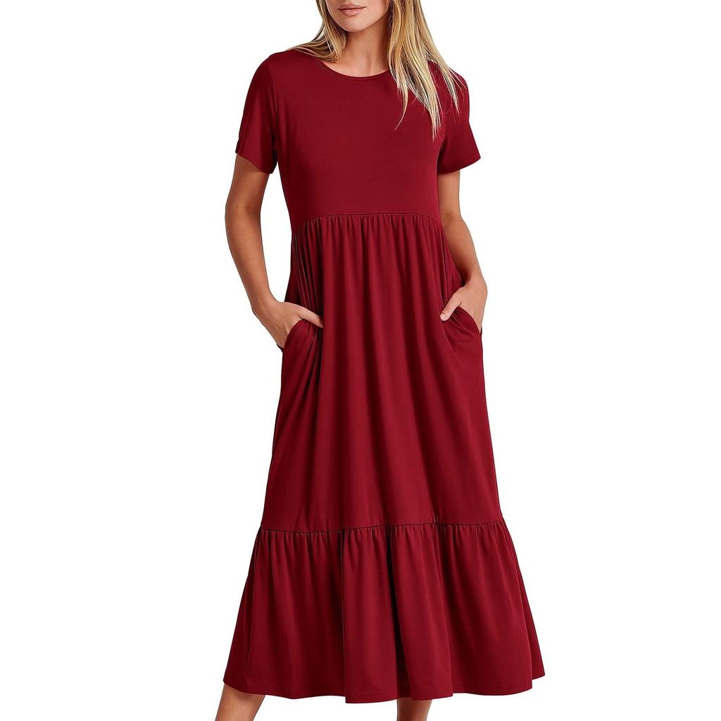Women's Summer Casual Short Sleeve Crewneck Swing Dress Flowy Tiered Maxi Beach Dress With Pockets