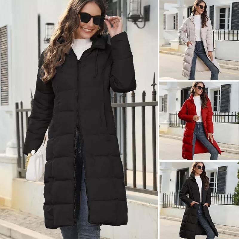 Women's Long Hooded Cotton Jacket Winter Warm Stylish Slim Fit Down Coat Available In Black Red Khaki