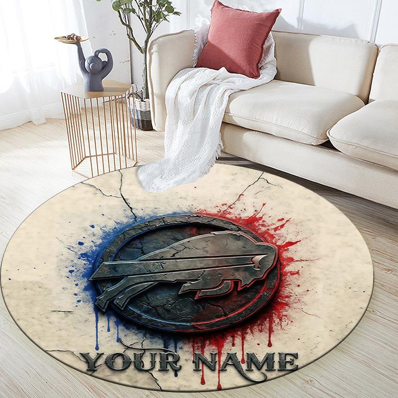 Custom Name Buffalo Bills Round Area Rug,Carpet Rug for Living Room Bedroom Sofa Playroom Decor,Non-slip Floor Mat