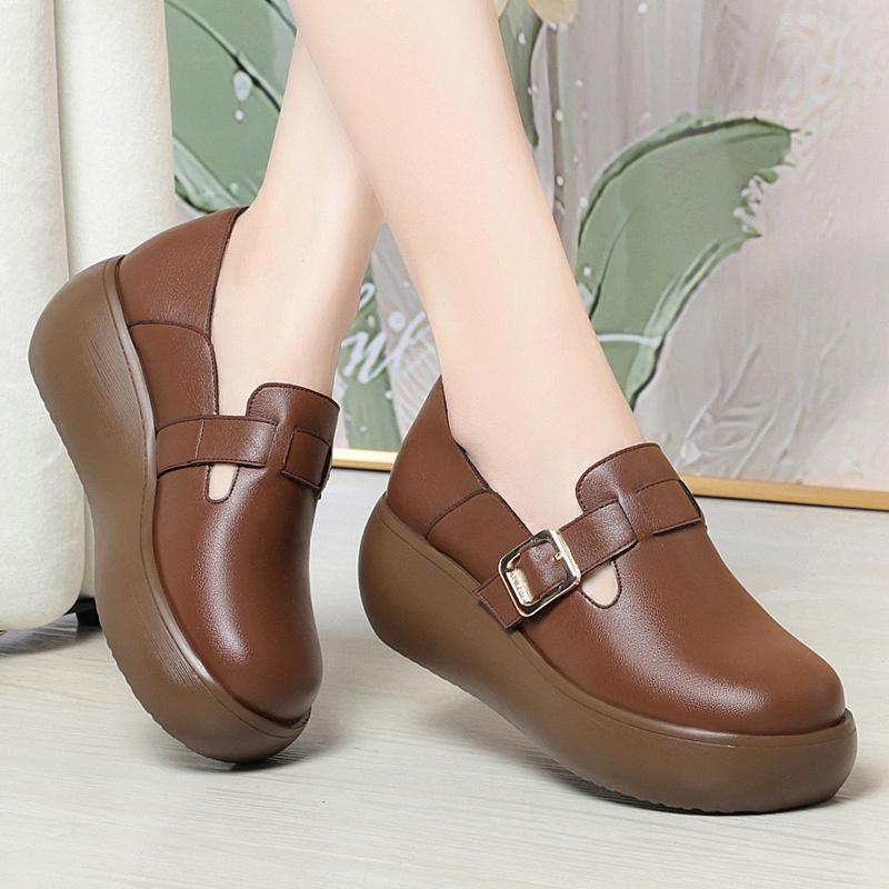 Spring Autumn New Fashion Casual Popular High Soft Bottom Leather Women's Round Toe Wedge Thick Sole Anti-slip Single Shoes
