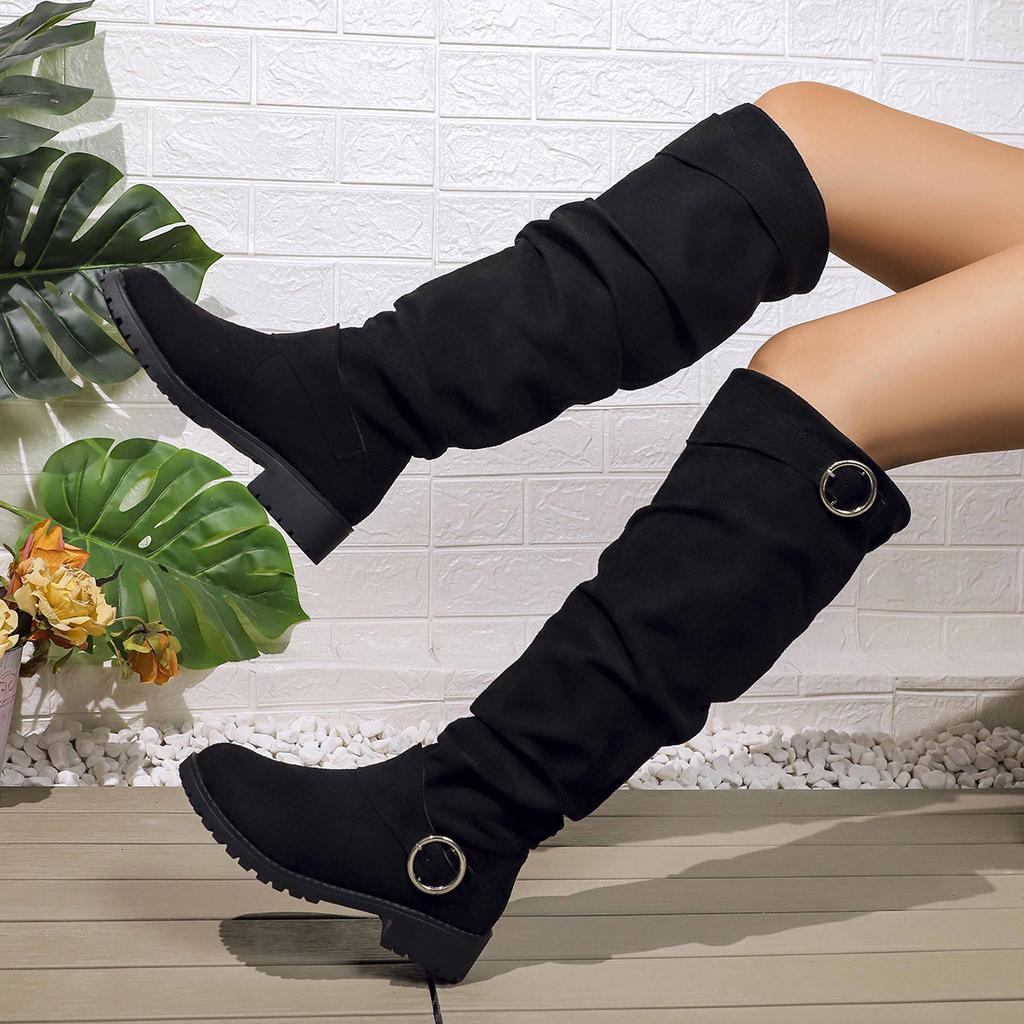 Женские однотонные модные сапоги, сапоги до колена на массивном каблуке, натягивающиеся, с ремешком с пряжкой, зимние сапоги с круглым носком и присборенным голенищем