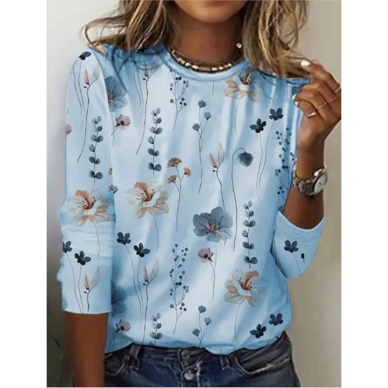 Spring and Autumn Women's Round Neck Pullover Long Sleeved T-shirt Elegant and Fashionable Floral Print T-shirt Womens New Style