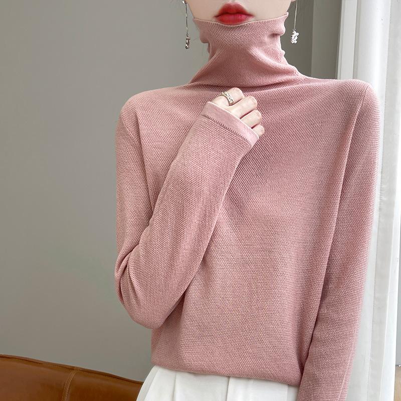 Осенний женский вязаный свитер с наборным воротом, длинный рукав, женские однотонные топы