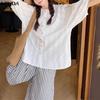 Women Casual Round Neck 3/4 Sleeve Buttons Front Embroidery Patchwork Loose Blouse