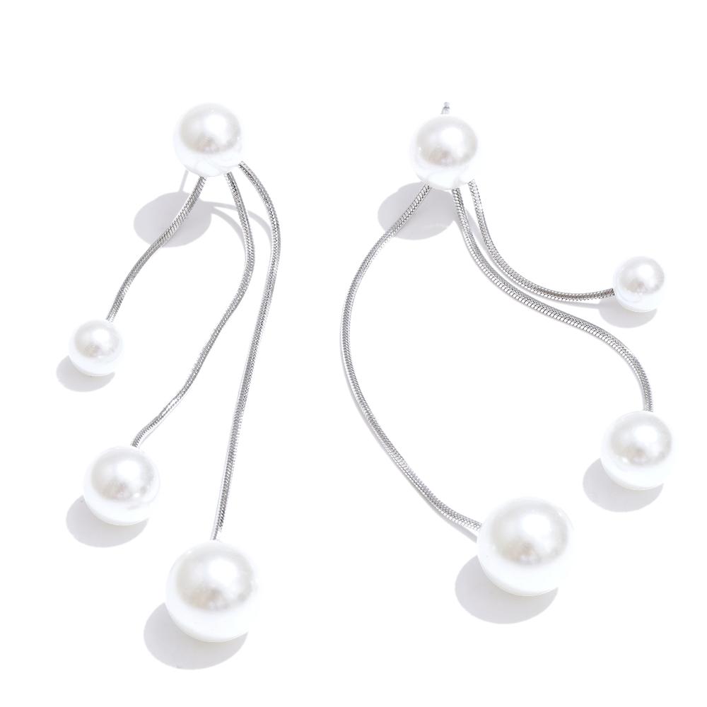 Yhpup Korean Simulated Pearls Tassel Chain Long Hanging Drop Dangle Earrings Stainless Steel Waterproof Fashion Charm Jewelry