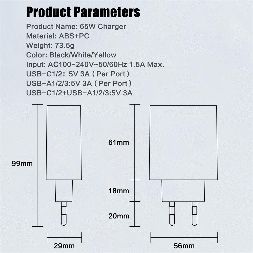 65W 5 in 1 USB PD Charger Type C Fast Charging Phone Charger Adapter for IPhone Samsung Xiaomi Huawei EU/US/UK Plug Wall Charger