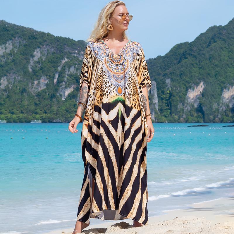 EDOLYNSA Printed Turkish Robe Bat Sleeve Summer Tunic Plus Size Swimwear Cover Up For Women's Swimwear Blue Kaftan Dresses Q1415