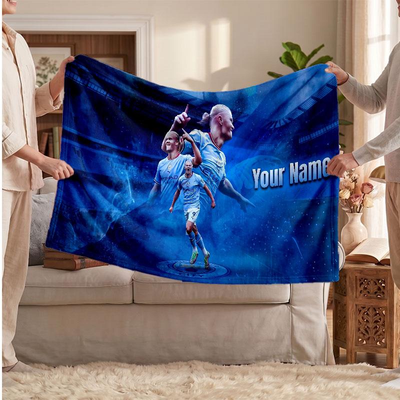 Erling Haaland Personalized Fleece Blanket With Football Logo, Custom Name Text Soft Warm Home Throw Blanket