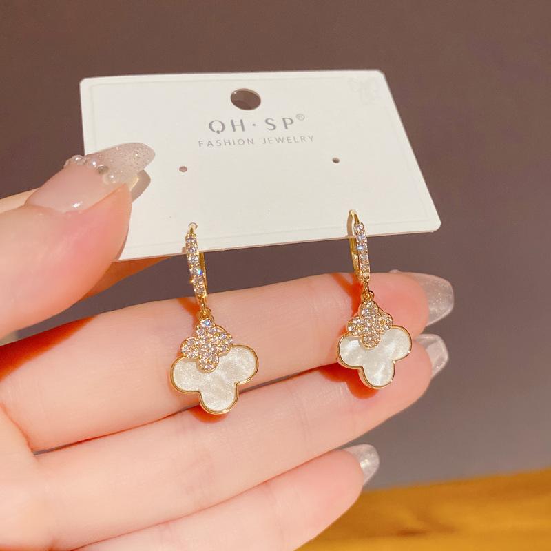 Micro-inlaid Zircon Four-leaf Flower Earrings Personality Versatile Design Sense Atmospheric Earrings Women High-quality Earrings