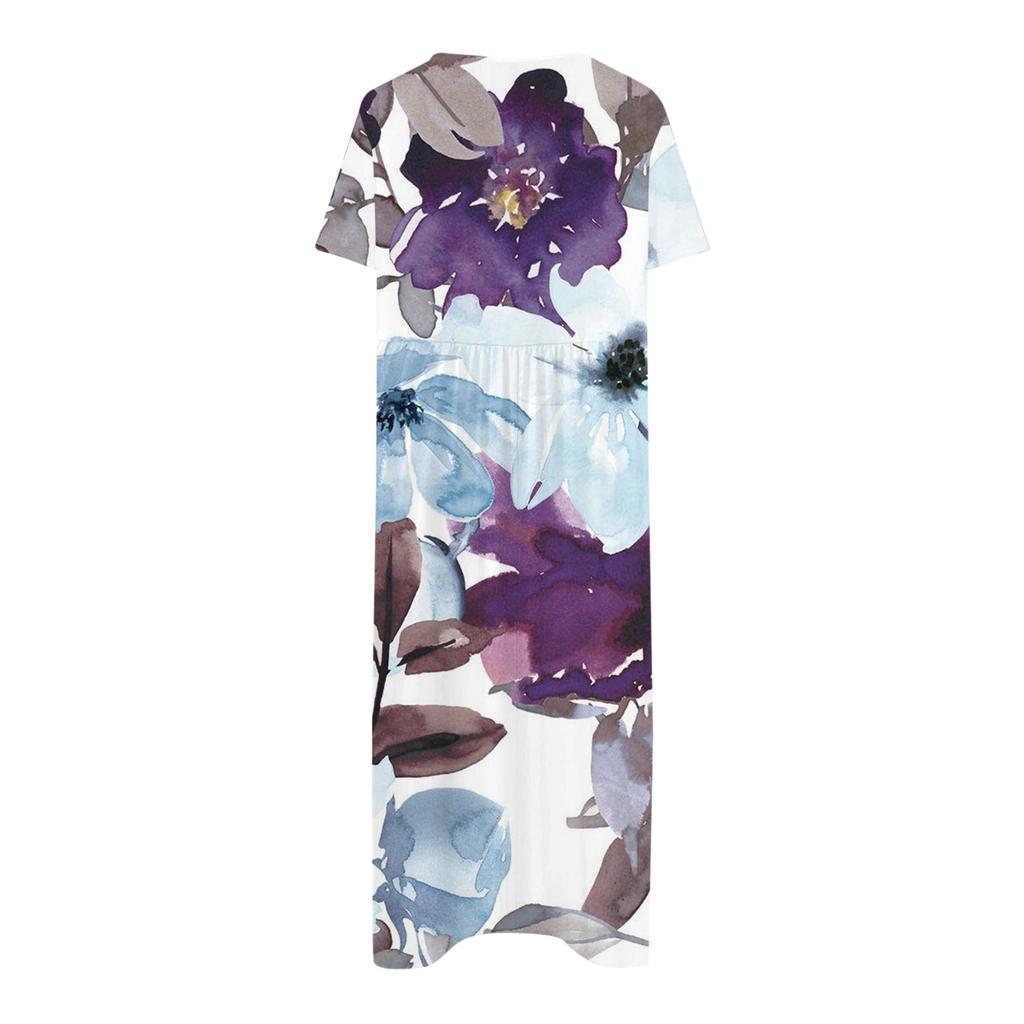 Women's Summer Casual Fashion Floral Print Short Sleeve Round Neck Pocket Dress