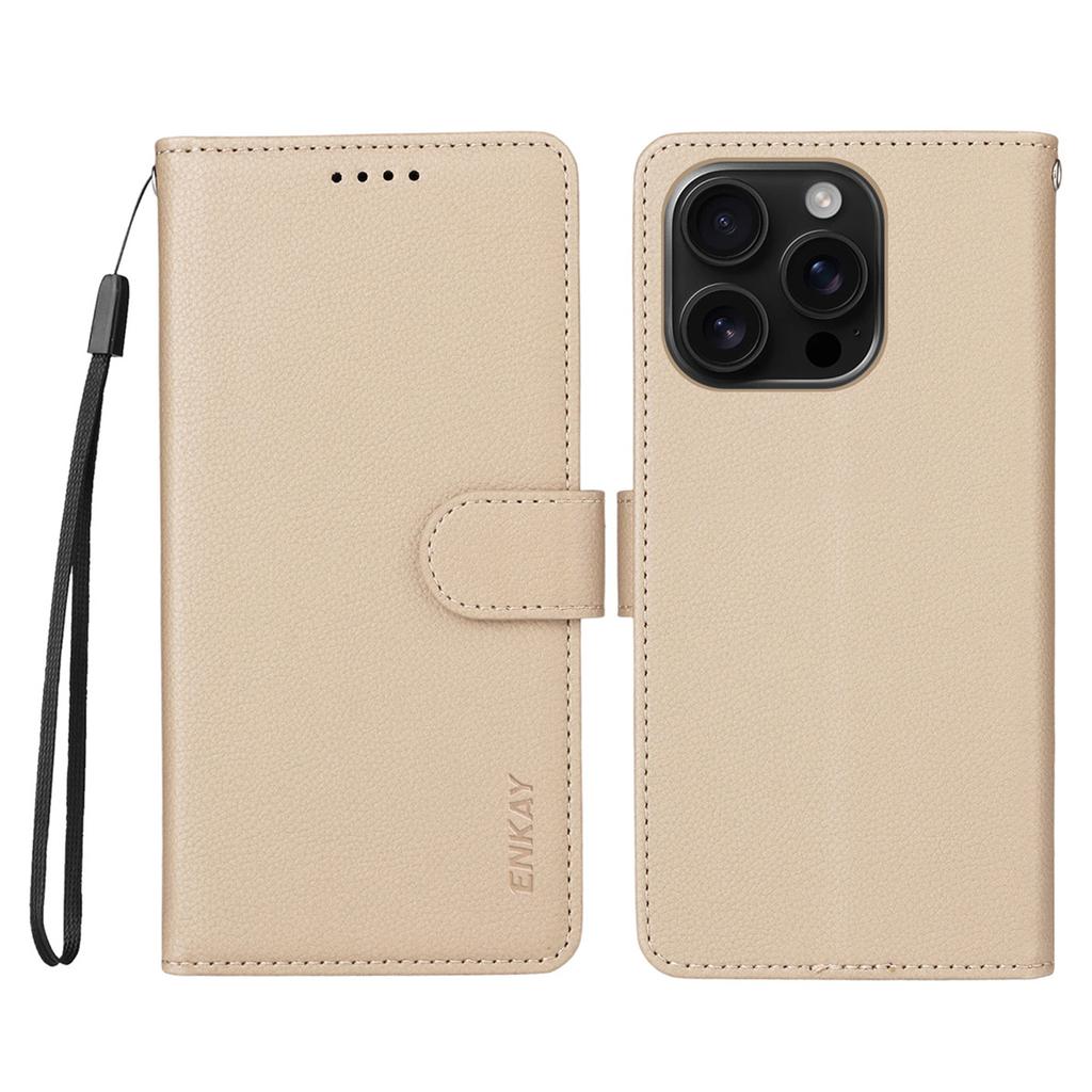 For iPhone 16 Pro Wallet Case with Strap RFID Blocking Leather Stand Phone Cover